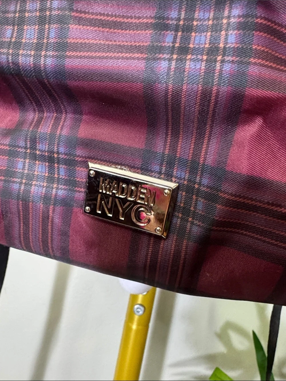 Madden NYC Burgundy Plaid Backpack with Front Zip Pocket shiny silver hardware